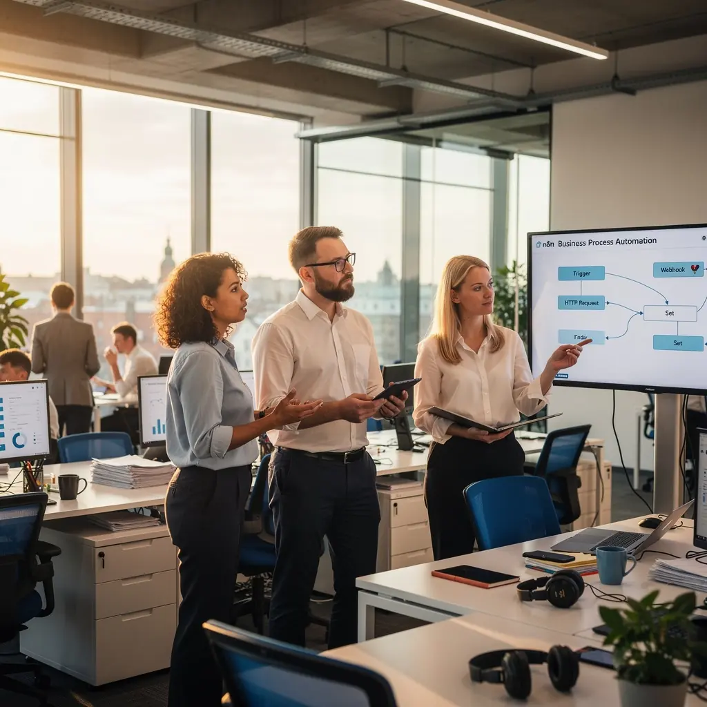 Verslo konsultantai, pristatantys automatizacijos naudą